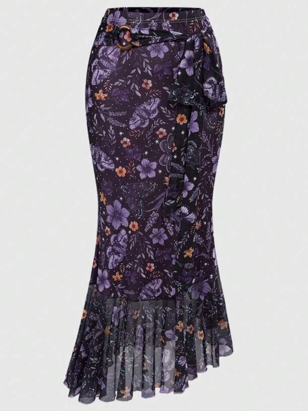 Whimsigoth Purple Floral Asymetrical Maxi Skirt with Tie Waist and Rhinestones